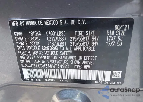 2021 Honda Hr-V 2Wd Lx from USA, damaged, VIN 3CZRU5H36MM734923